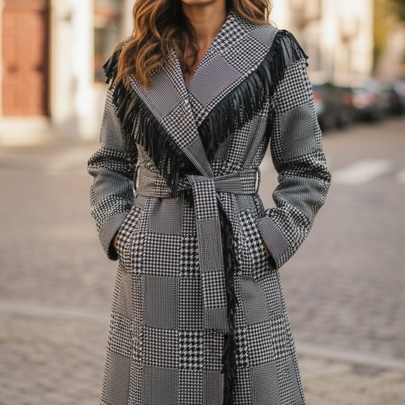 Houndstooth Microfiber Fringe Long Jacket - Picture 6 of 8